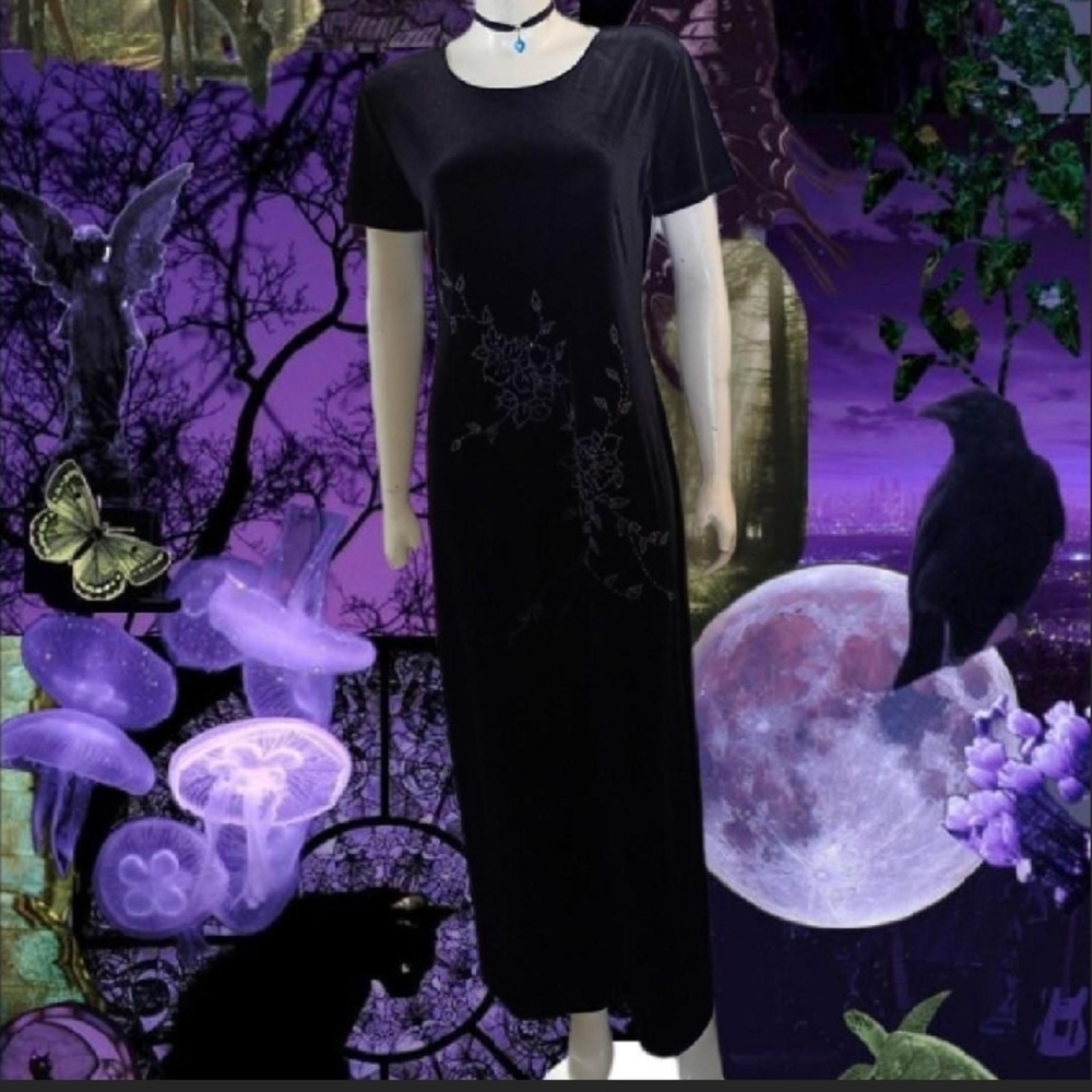 VTG 90s AGB Goth Style Black Velvet Maxi Dress W/ Silver Floral Pattern Sz 12